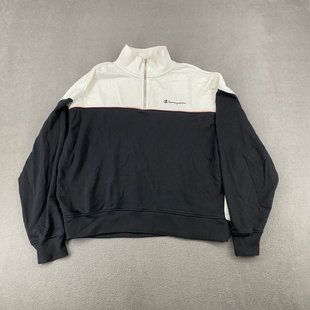 Champion Womens Quarter Zip Sweatshirt Black White Colorblock Pullover Large